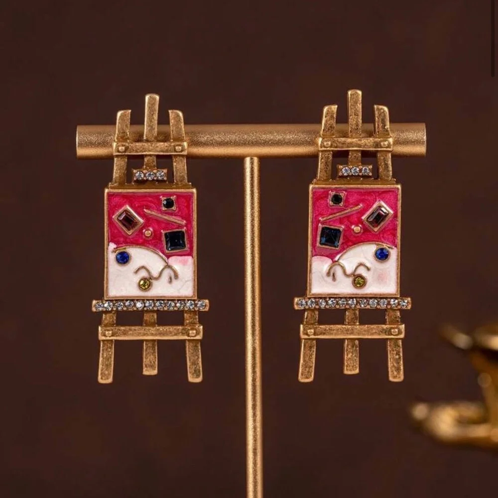 Artist’s Easel Painting Enamel Earrings Stone Vintage Style Antiqued Gold NEW
